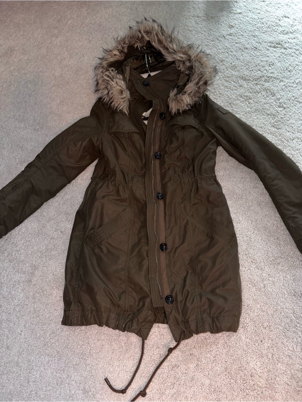 Abercromie & Fitch Y2K Women's Olive Green Hooded Parka Coat with Faux Fur Trim
